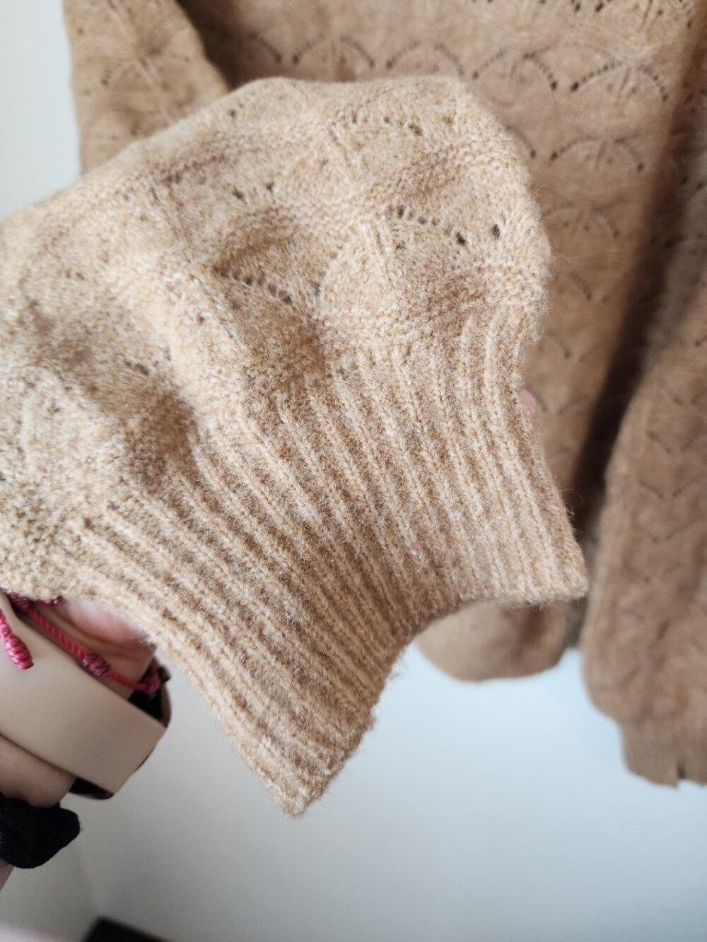 Loft Pointelle Scallop Knit Pullover Sweater Camel Tan M Neutral Minimalist - Picture 7 of 8